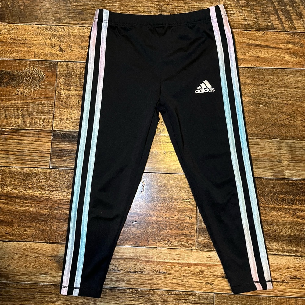 Adidas Kids Black Leggings with Pink and Blue Stripes